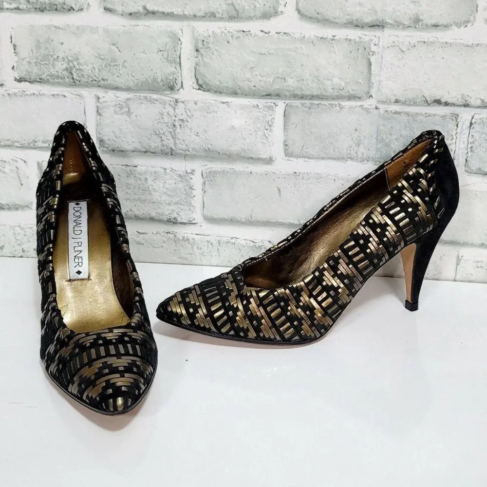Vintage 90s Donald J Pliner Womens 7.5 Woven Black Gold Pump Heels